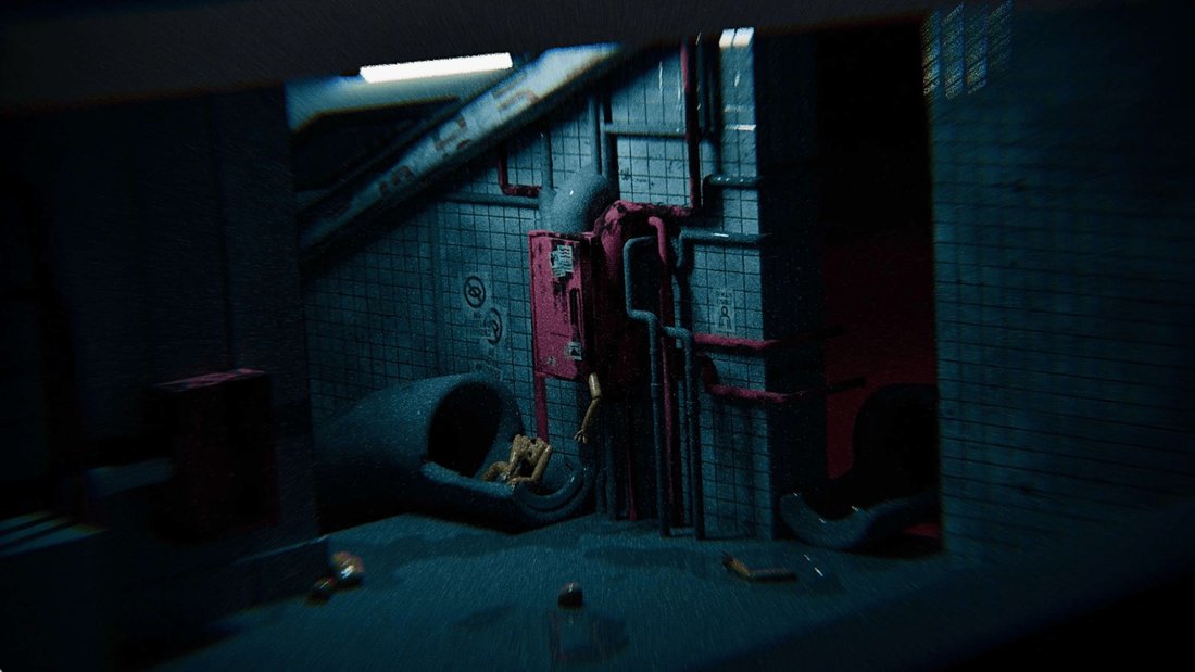 A dark tiled service corridor lit by a single strip light. Crimson pipes and a fuse box climb the wall, and a pale jointed figure lies folded inside a curved duct on the floor.