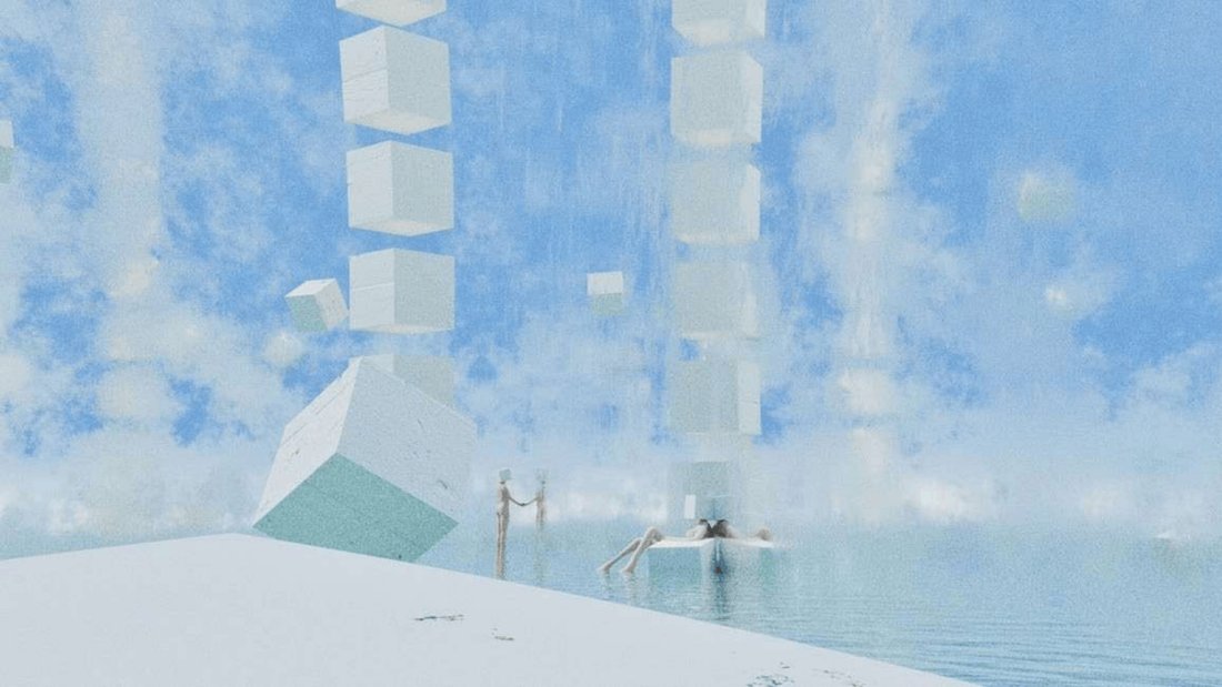 A pale blue seascape under scattered cloud. Stacked white concrete cubes rise in columns from still water; two tiny figures stand and float nearby.