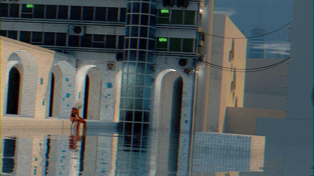 A tiled arcade of arches beside a mirror-still flooded plaza that reflects the towers above. One small orange figure sits alone at the water&rsquo;s edge.