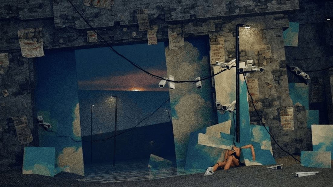 A weathered brick wall hung with painted sky panels and clusters of surveillance cameras. A small orange figure sits slumped at the foot of a lamp post.